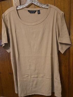 Susan Graver Short Sleeve Ribbed Tee in Beige-Tan